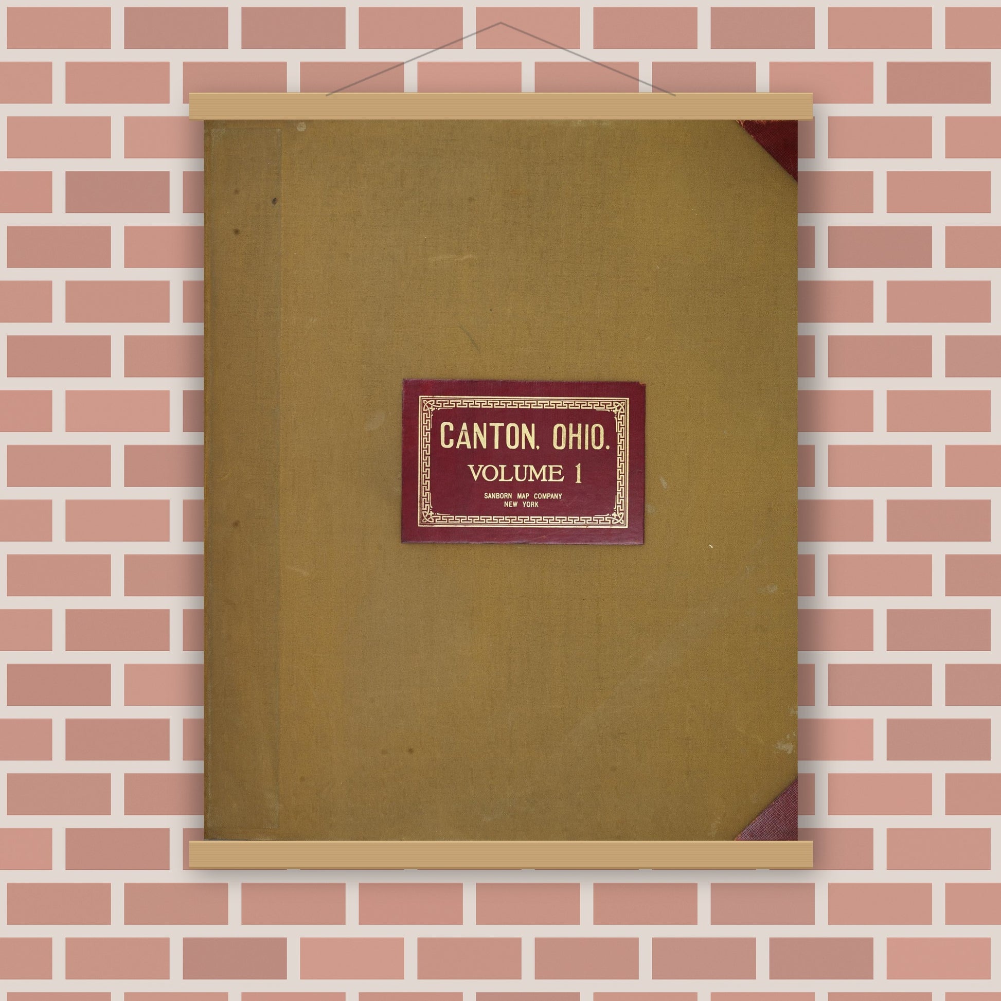 Old map wall art mockup — magnetic wood frame on brick wall — Sanborn Fire Insurance Map from Canton, Stark County, Ohio (1950), Sheet #0001