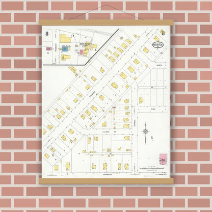 Old map wall art mockup — magnetic wood frame on brick wall — Sanborn Fire Insurance Map from Morton, Tazewell County, Illinois (1926), Sheet #0008