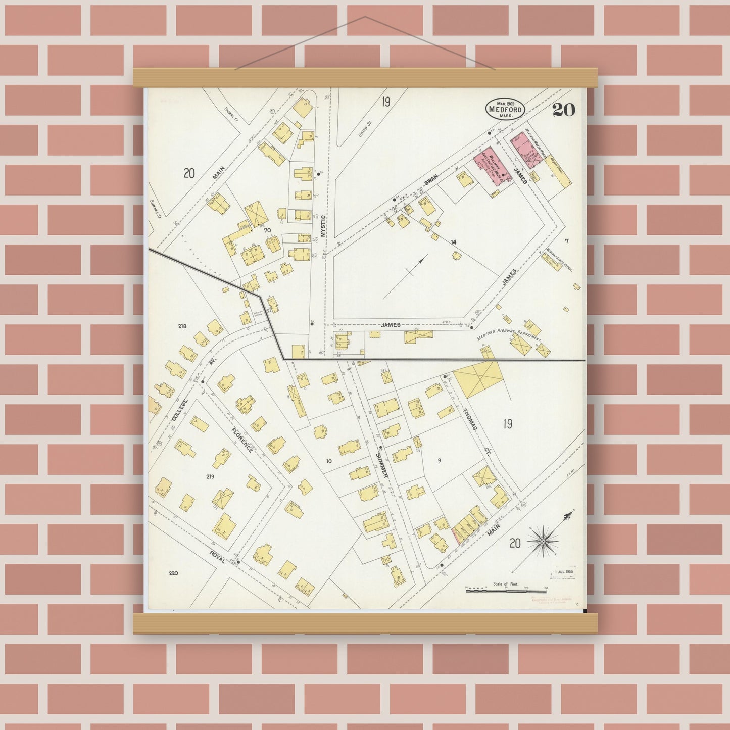 Old map wall art mockup — magnetic wood frame on brick wall — Sanborn Fire Insurance Map from Medford, Middlesex County, Massachusetts (1903), Sheet #0020