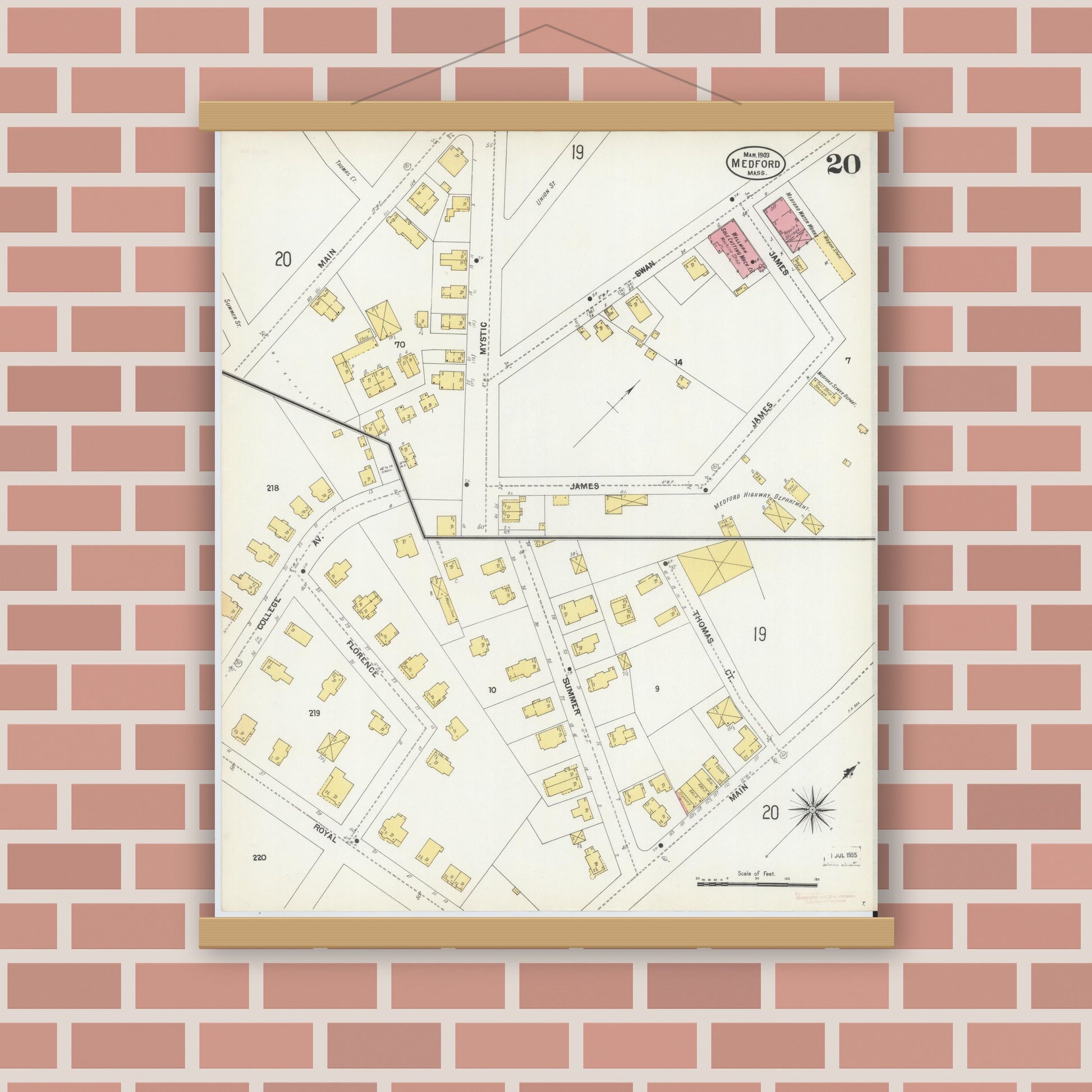 Old map wall art mockup — magnetic wood frame on brick wall — Sanborn Fire Insurance Map from Medford, Middlesex County, Massachusetts (1903), Sheet #0020
