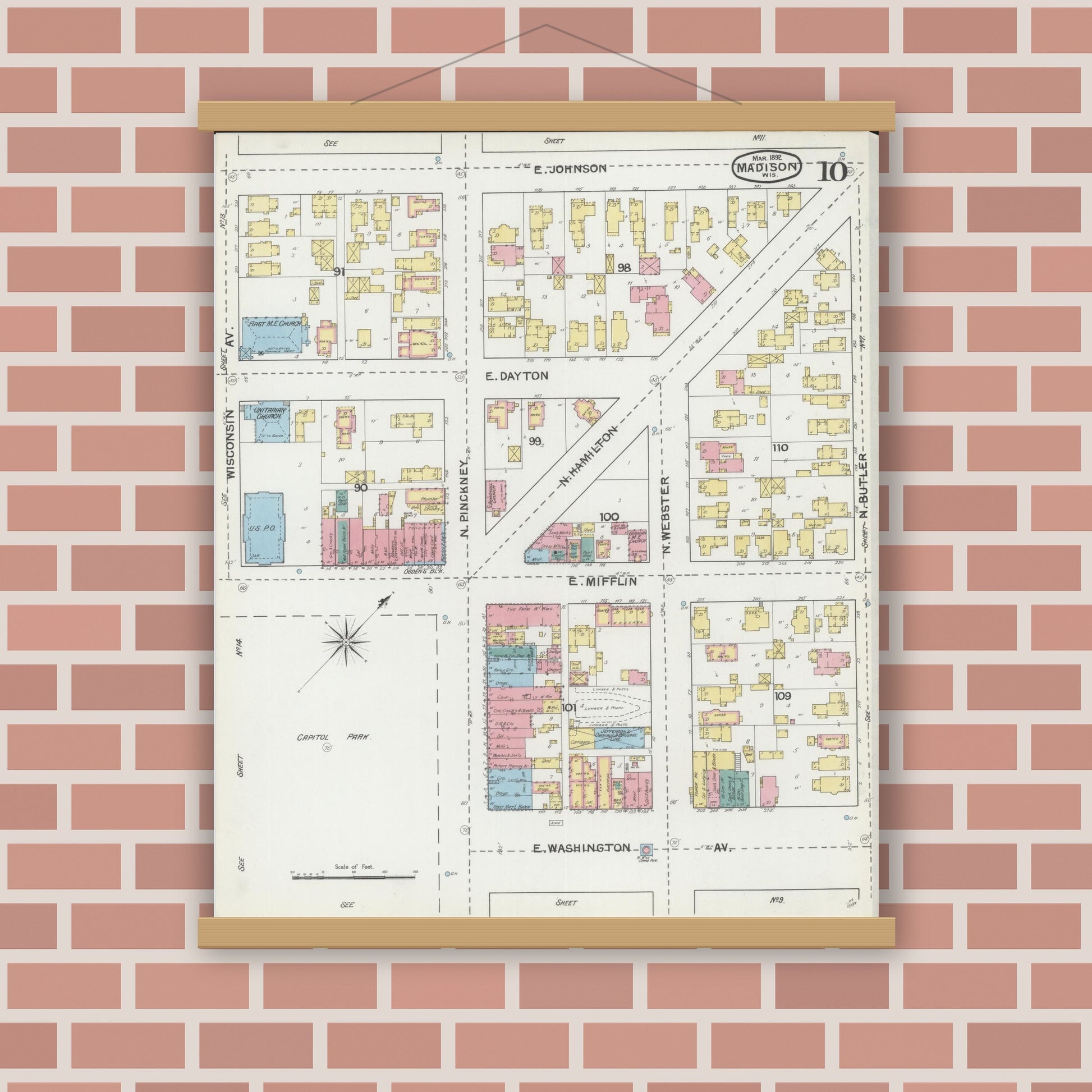 Old map wall art mockup — magnetic wood frame on brick wall — Sanborn Fire Insurance Map from Madison, Dane County, Wisconsin (1892), Sheet #0010