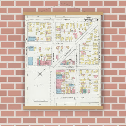 Old map wall art mockup — magnetic wood frame on brick wall — Sanborn Fire Insurance Map from Madison, Dane County, Wisconsin (1892), Sheet #0010