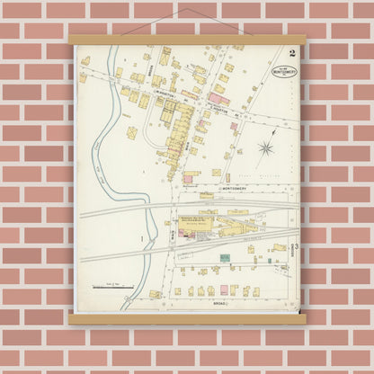 Old map wall art mockup — magnetic wood frame on brick wall — Sanborn Fire Insurance Map from Montgomery, Lycoming County, Pennsylvania (1897), Sheet #0002