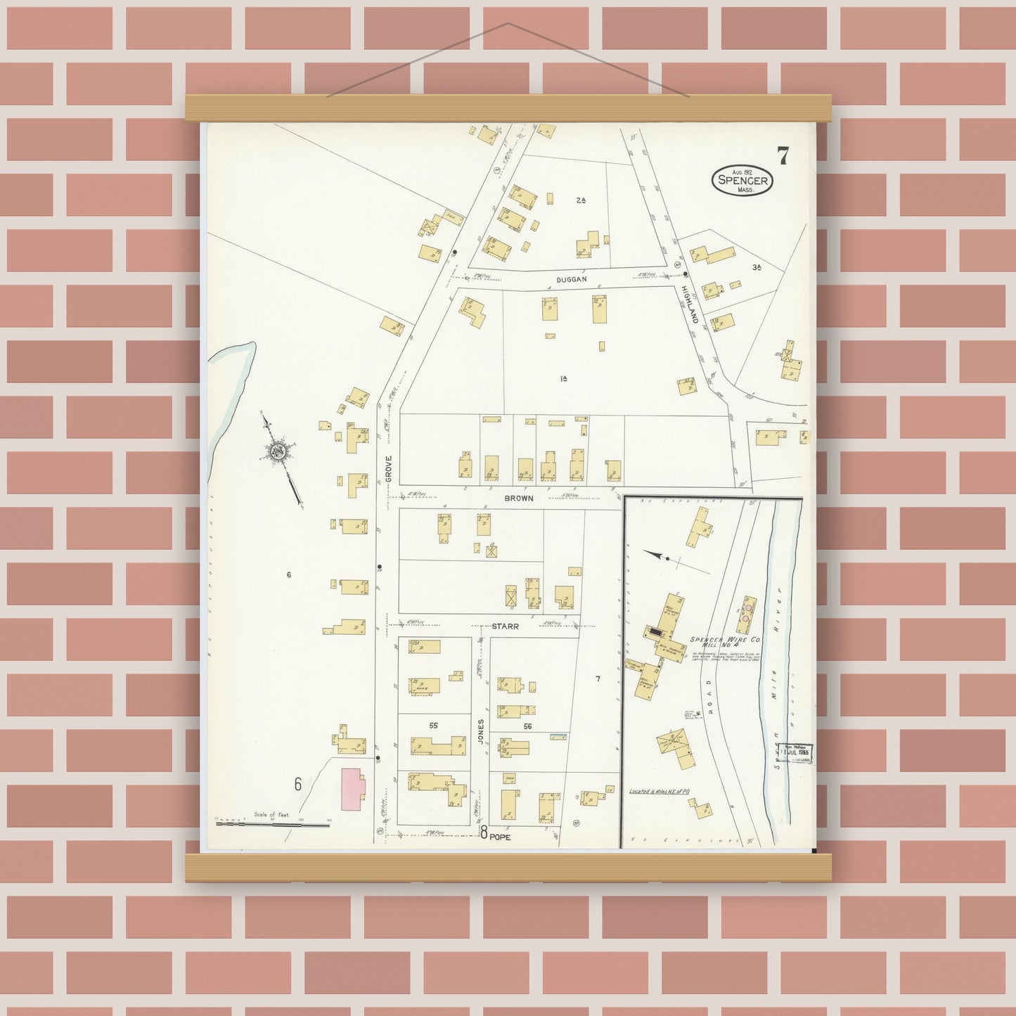 Old map wall art mockup — magnetic wood frame on brick wall — Sanborn Fire Insurance Map from Spencer, Worcester County, Massachusetts (1912), Sheet #0007