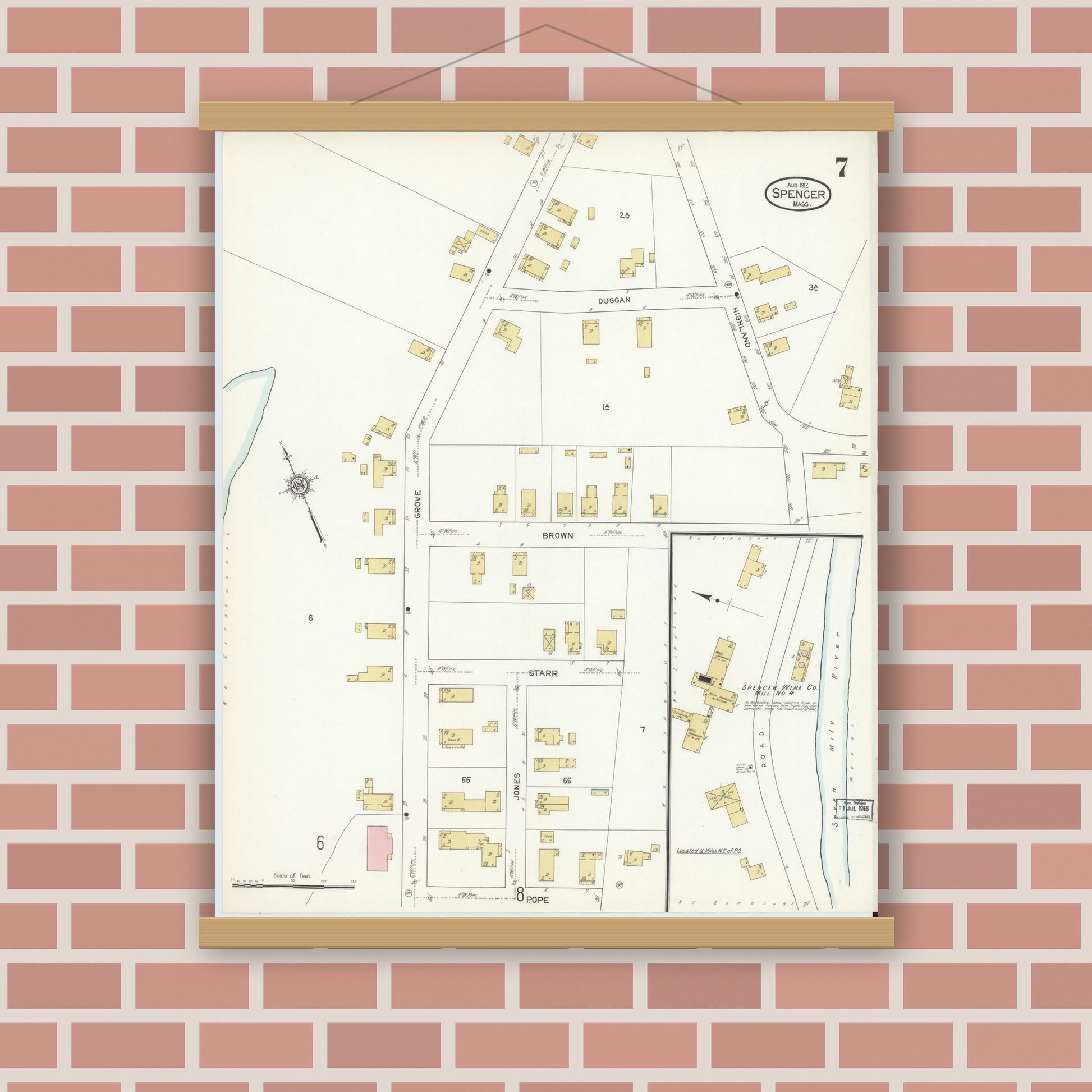 Old map wall art mockup — magnetic wood frame on brick wall — Sanborn Fire Insurance Map from Spencer, Worcester County, Massachusetts (1912), Sheet #0007