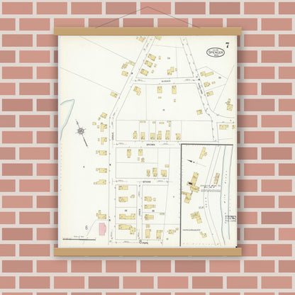 Old map wall art mockup — magnetic wood frame on brick wall — Sanborn Fire Insurance Map from Spencer, Worcester County, Massachusetts (1912), Sheet #0007