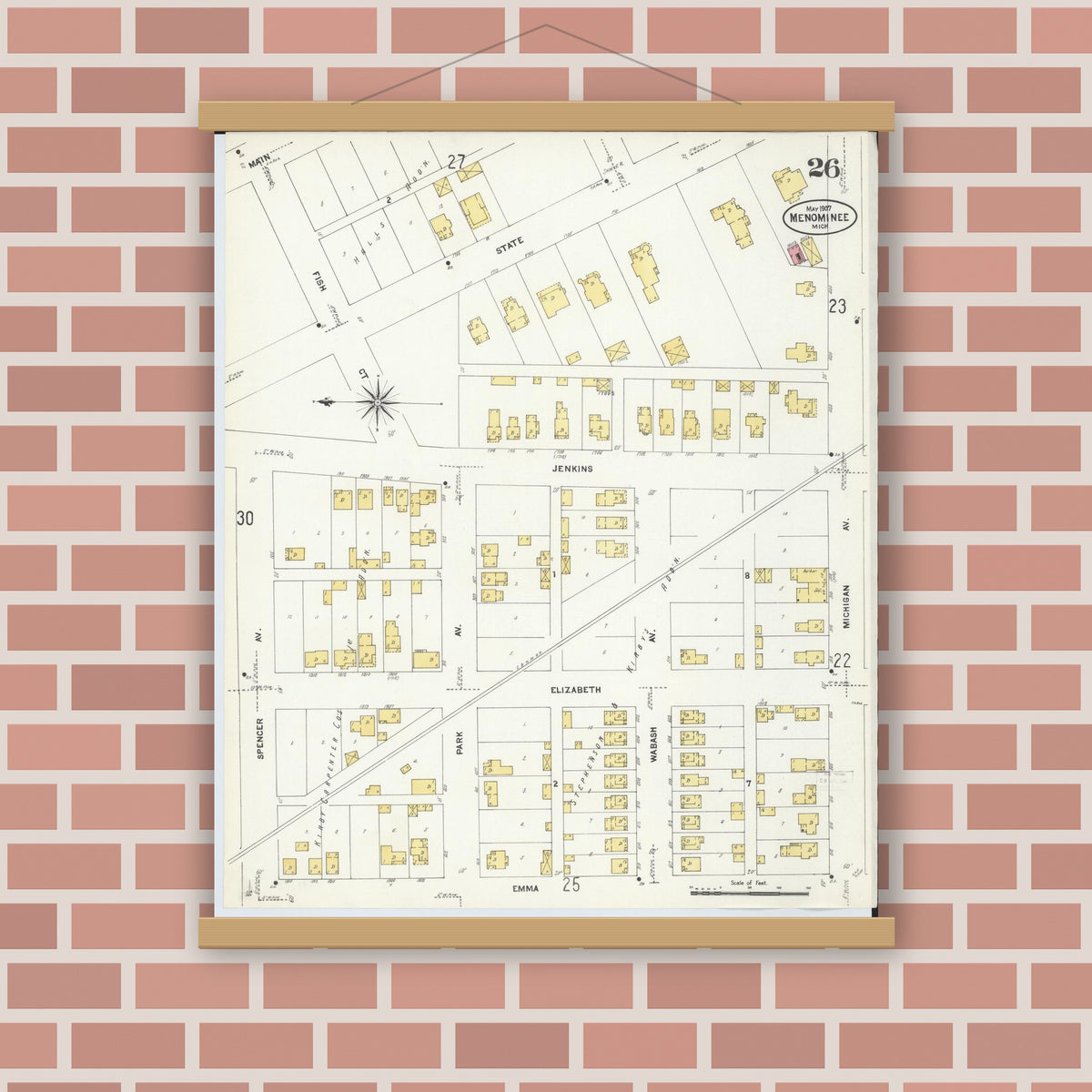 Old map wall art mockup — magnetic wood frame on brick wall — Sanborn Fire Insurance Map from Menominee, Menominee County, Michigan (1907), Sheet #0026