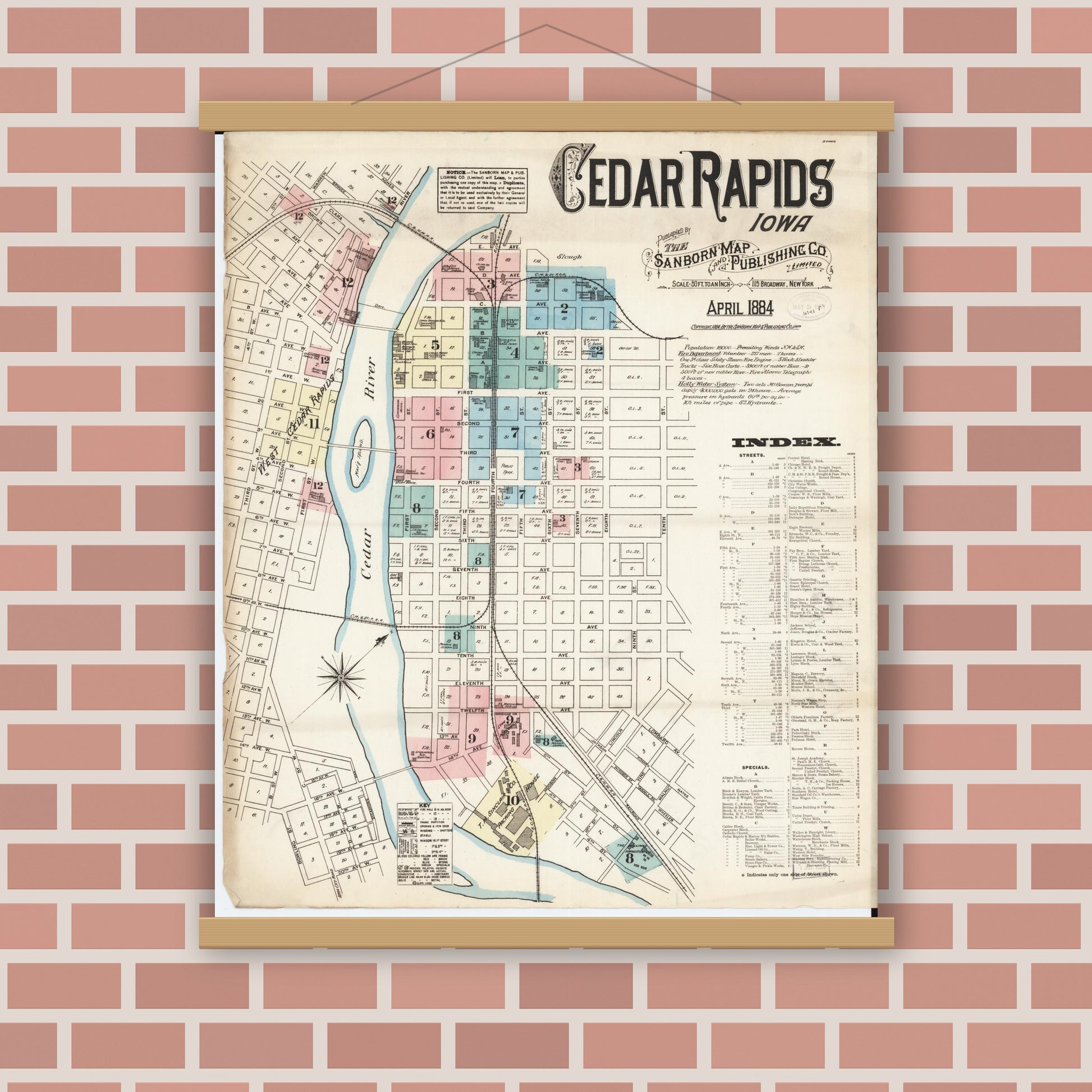 Old map wall art mockup — magnetic wood frame on brick wall — Sanborn Fire Insurance Map from Cedar Rapids, Linn County, Iowa (1884) â€” Complete Set