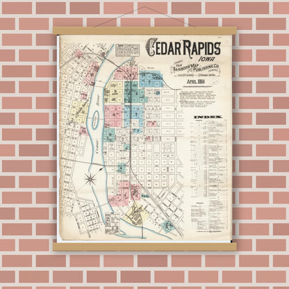Old map wall art mockup — magnetic wood frame on brick wall — Sanborn Fire Insurance Map from Cedar Rapids, Linn County, Iowa (1884) â€” Complete Set