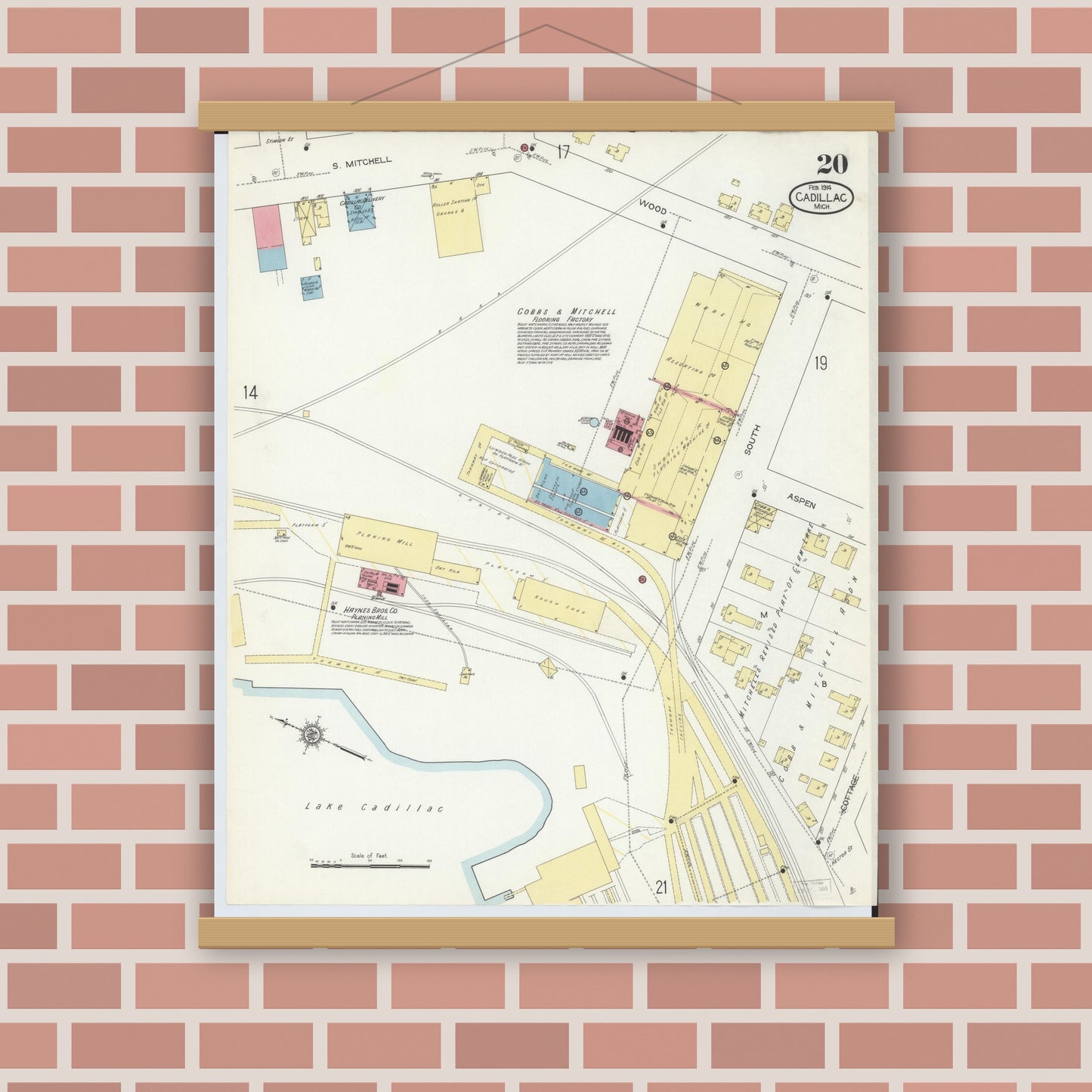 Old map wall art mockup — magnetic wood frame on brick wall — Sanborn Fire Insurance Map from Cadillac, Wexford County, Michigan (1914), Sheet #0020