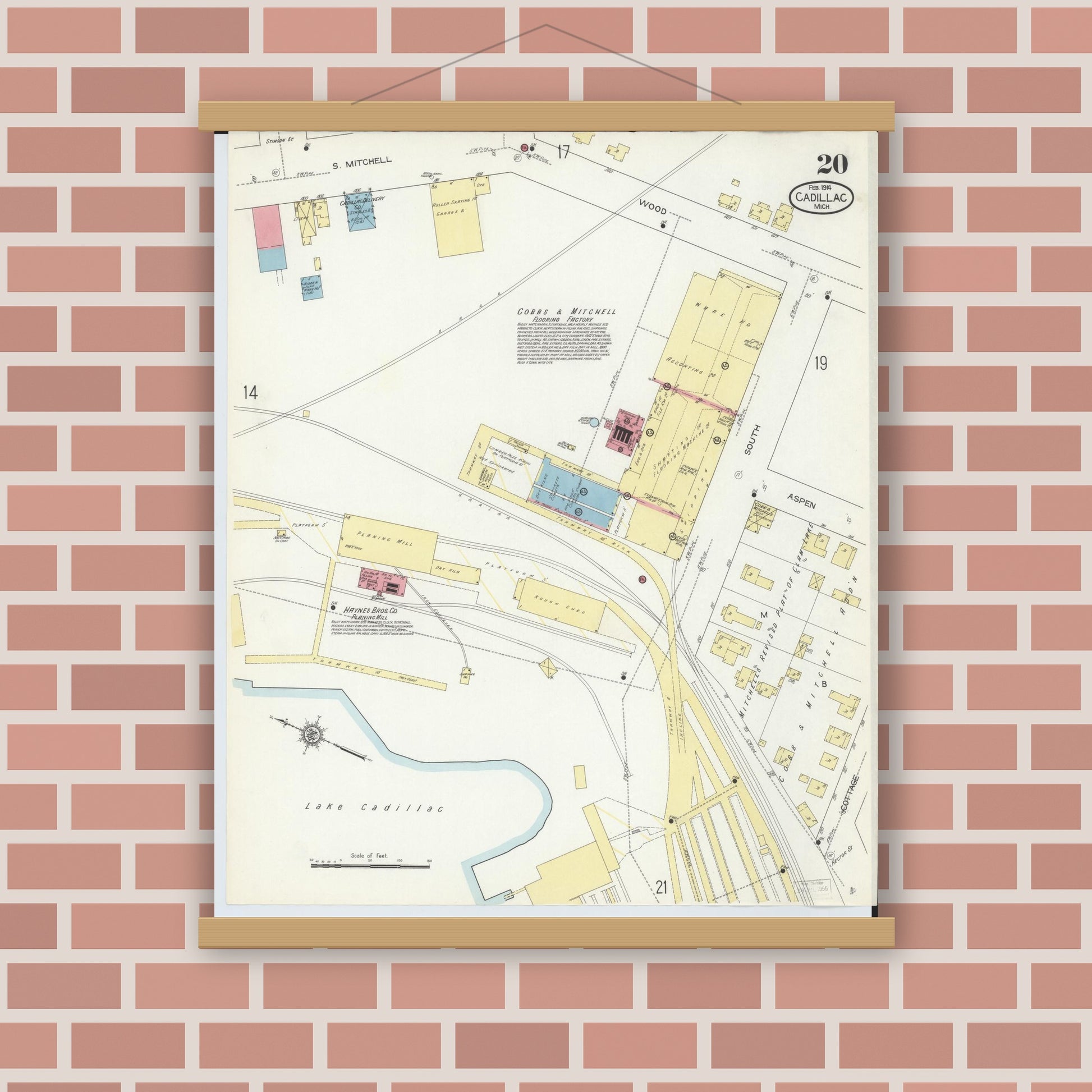 Old map wall art mockup — magnetic wood frame on brick wall — Sanborn Fire Insurance Map from Cadillac, Wexford County, Michigan (1914), Sheet #0020
