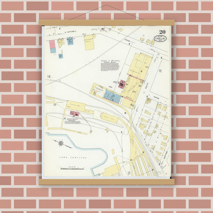 Old map wall art mockup — magnetic wood frame on brick wall — Sanborn Fire Insurance Map from Cadillac, Wexford County, Michigan (1914), Sheet #0020