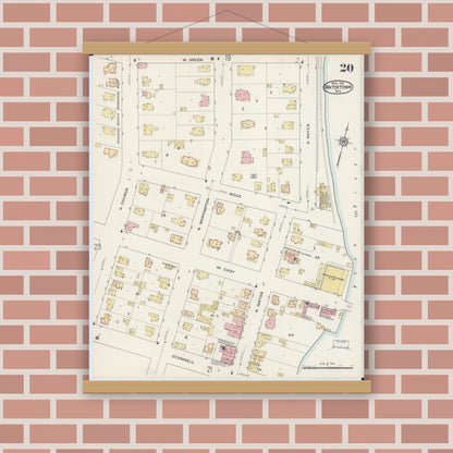 Old map wall art mockup — magnetic wood frame on brick wall — Sanborn Fire Insurance Map from Watertown, Jefferson County, Wisconsin (1915), Sheet #0021