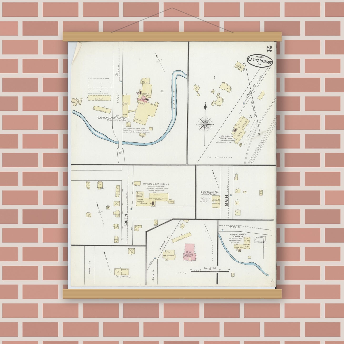 Old map wall art mockup — magnetic wood frame on brick wall — Sanborn Fire Insurance Map from Cattaraugus, Cattaraugus County, New York (1891), Sheet #0002