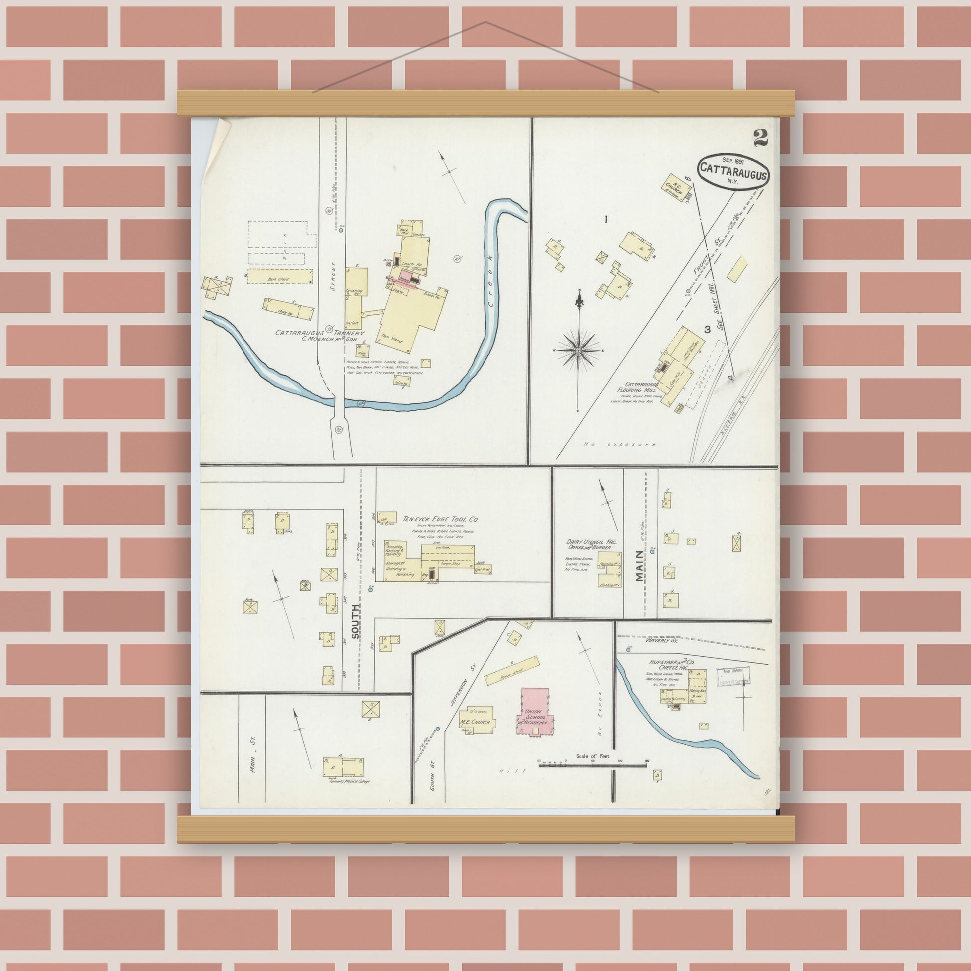 Old map wall art mockup — magnetic wood frame on brick wall — Sanborn Fire Insurance Map from Cattaraugus, Cattaraugus County, New York (1891), Sheet #0002