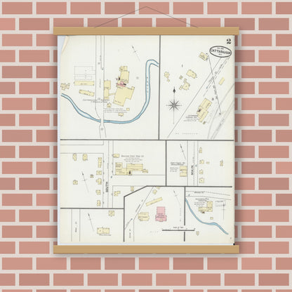 Old map wall art mockup — magnetic wood frame on brick wall — Sanborn Fire Insurance Map from Cattaraugus, Cattaraugus County, New York (1891), Sheet #0002