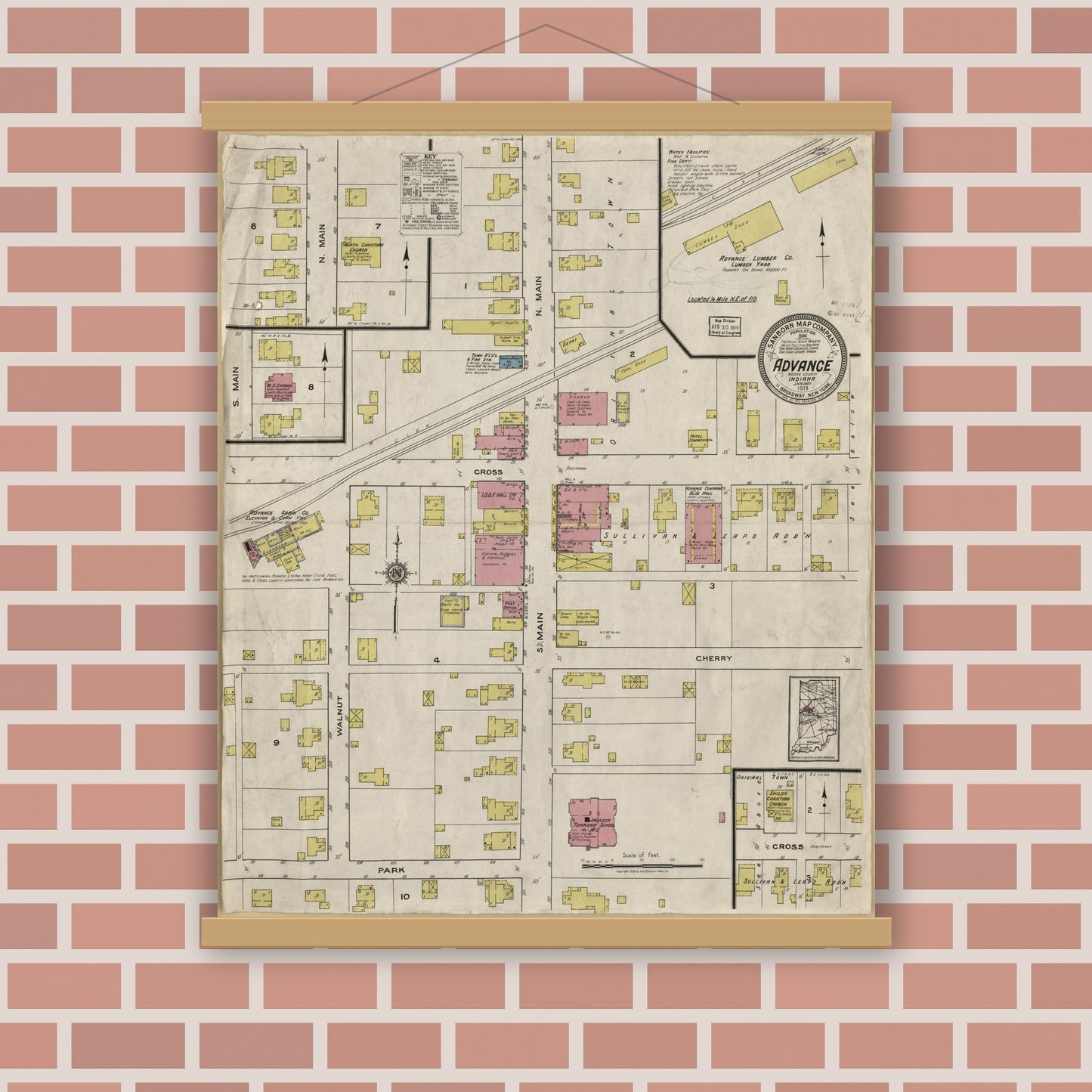 Old map wall art mockup — magnetic wood frame on brick wall — Sanborn Fire Insurance Map from Advance, Boone County, Indiana (1919), Sheet #0001