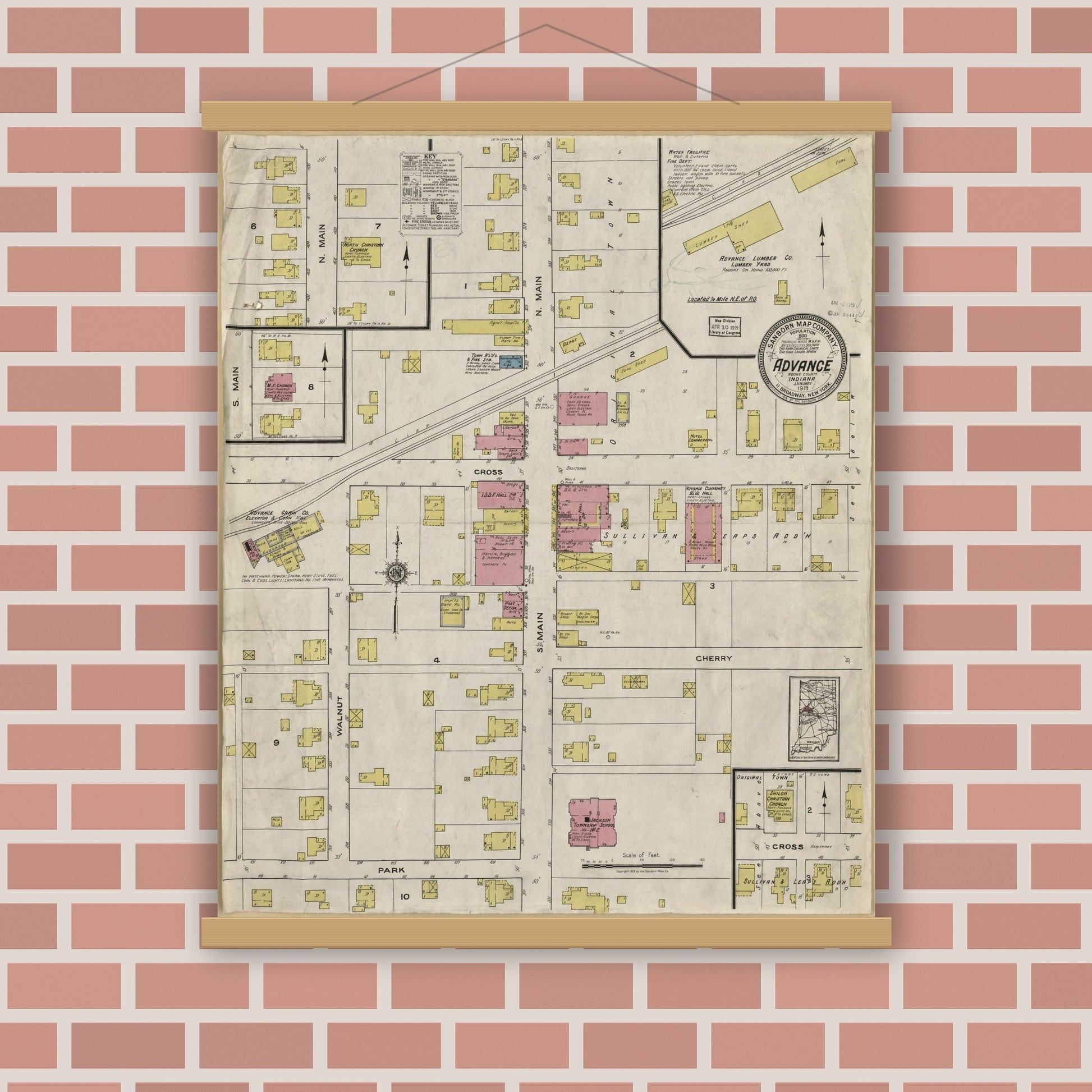 Old map wall art mockup — magnetic wood frame on brick wall — Sanborn Fire Insurance Map from Advance, Boone County, Indiana (1919), Sheet #0001