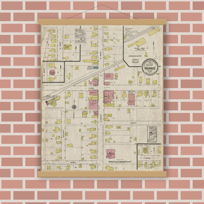 Old map wall art mockup — magnetic wood frame on brick wall — Sanborn Fire Insurance Map from Advance, Boone County, Indiana (1919), Sheet #0001