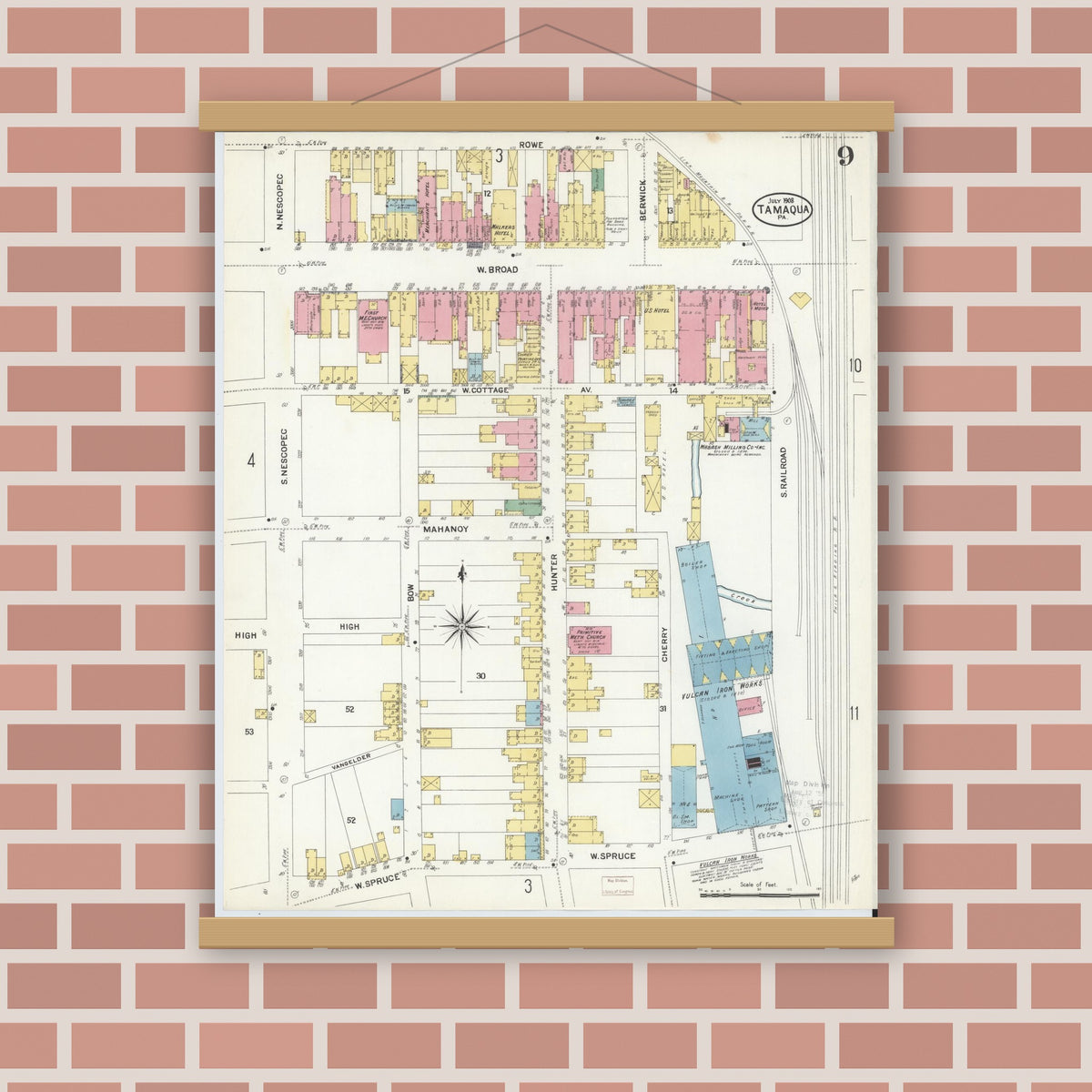 Old map wall art mockup — magnetic wood frame on brick wall — Sanborn Fire Insurance Map from Tamaqua, Schuylkill County, Pennsylvania (1908), Sheet #0009