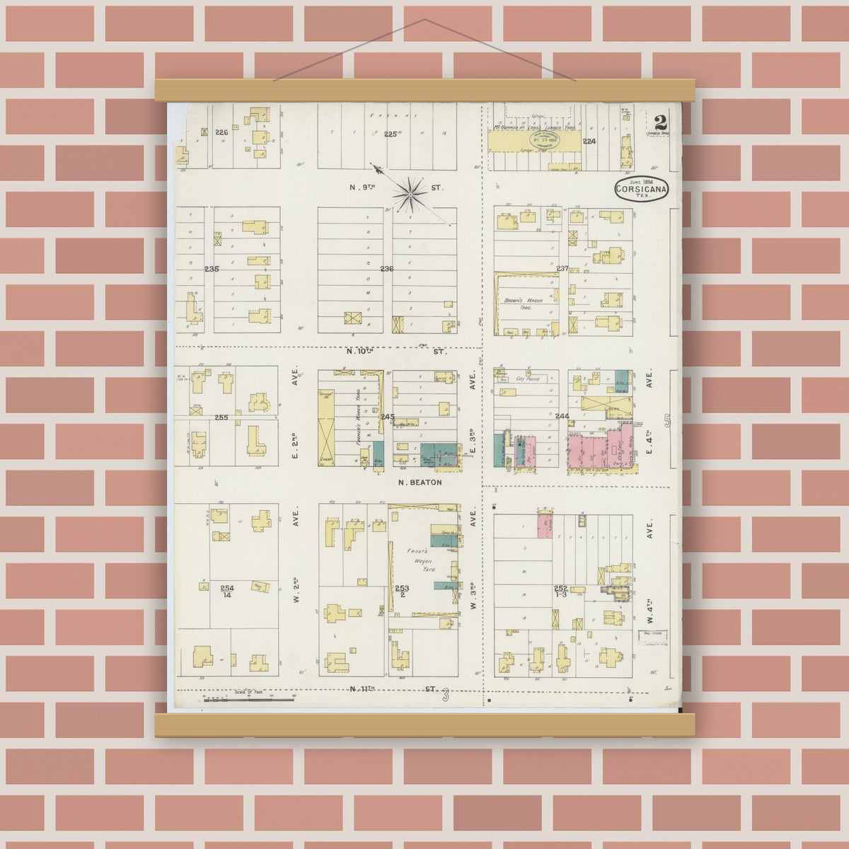 Old map wall art mockup — magnetic wood frame on brick wall — Sanborn Fire Insurance Map from Corsicana, Navarro County, Texas (1894), Sheet #0002