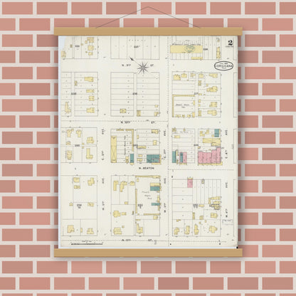 Old map wall art mockup — magnetic wood frame on brick wall — Sanborn Fire Insurance Map from Corsicana, Navarro County, Texas (1894), Sheet #0002