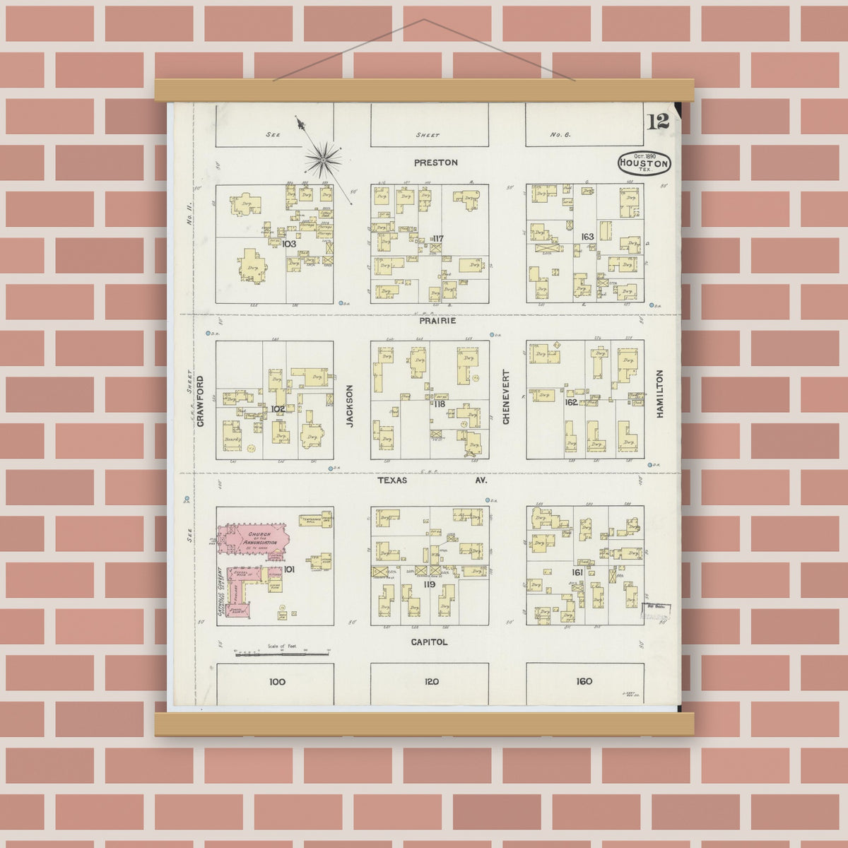 Old map wall art mockup — magnetic wood frame on brick wall — Sanborn Fire Insurance Map from Houston, Harris County, Texas (1890), Sheet #0012