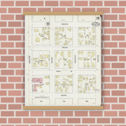 Old map wall art mockup — magnetic wood frame on brick wall — Sanborn Fire Insurance Map from Houston, Harris County, Texas (1890), Sheet #0012