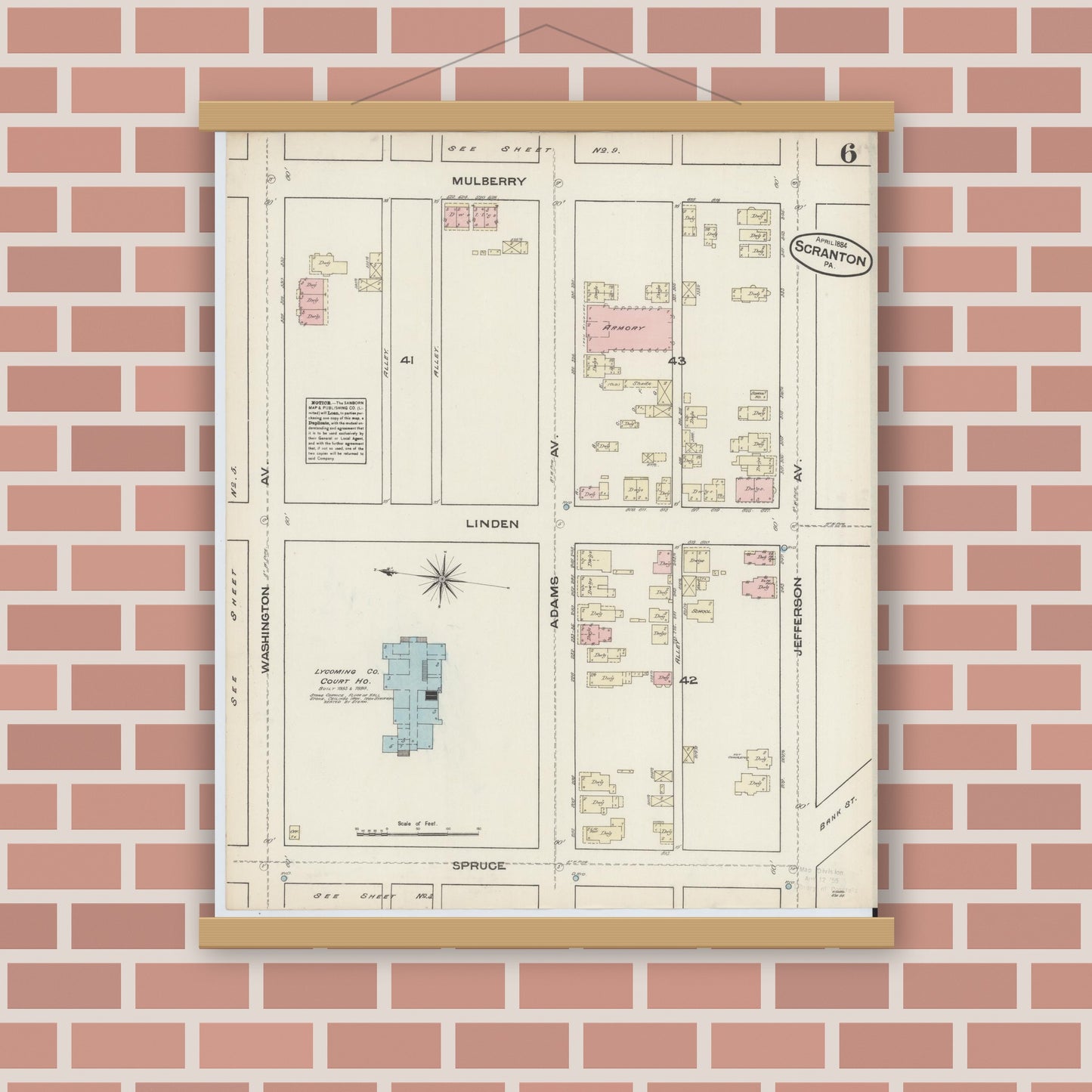 Old map wall art mockup — magnetic wood frame on brick wall — Sanborn Fire Insurance Map from Scranton, Lackawanna County, Pennsylvania (1884), Sheet #0006