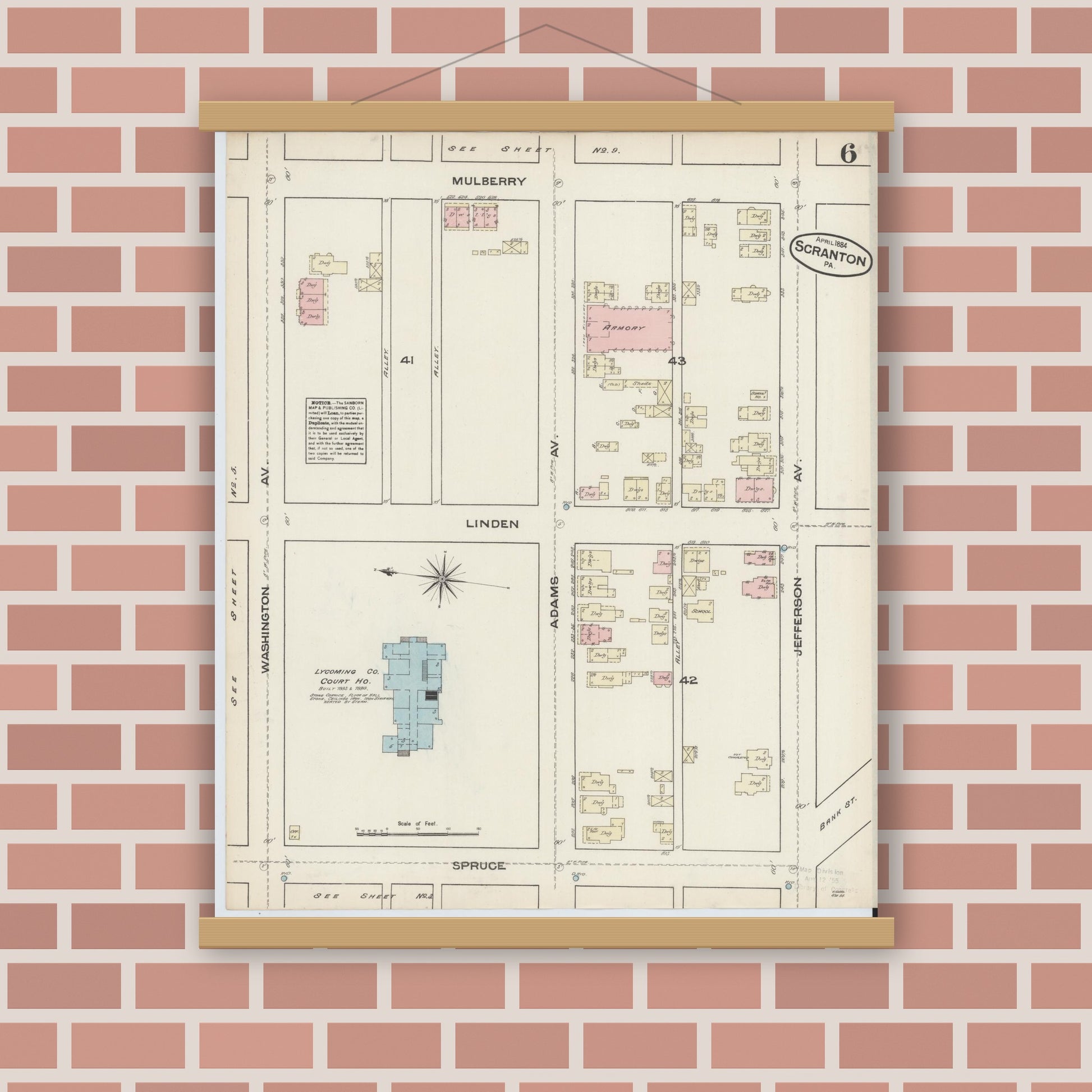 Old map wall art mockup — magnetic wood frame on brick wall — Sanborn Fire Insurance Map from Scranton, Lackawanna County, Pennsylvania (1884), Sheet #0006