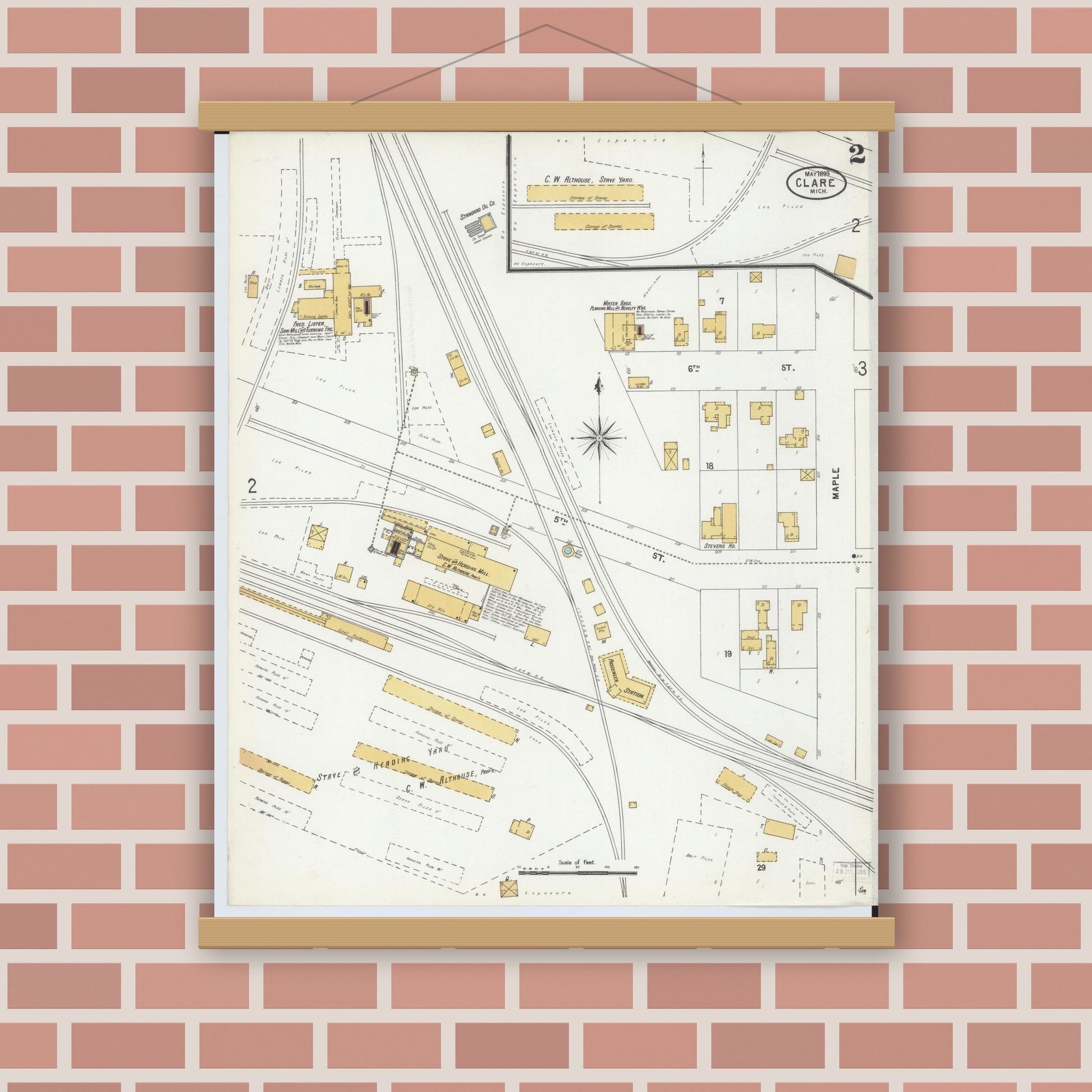 Old map wall art mockup — magnetic wood frame on brick wall — Sanborn Fire Insurance Map from Clare, Clare County, Michigan (1899), Sheet #0002
