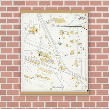 Old map wall art mockup — magnetic wood frame on brick wall — Sanborn Fire Insurance Map from Clare, Clare County, Michigan (1899), Sheet #0002