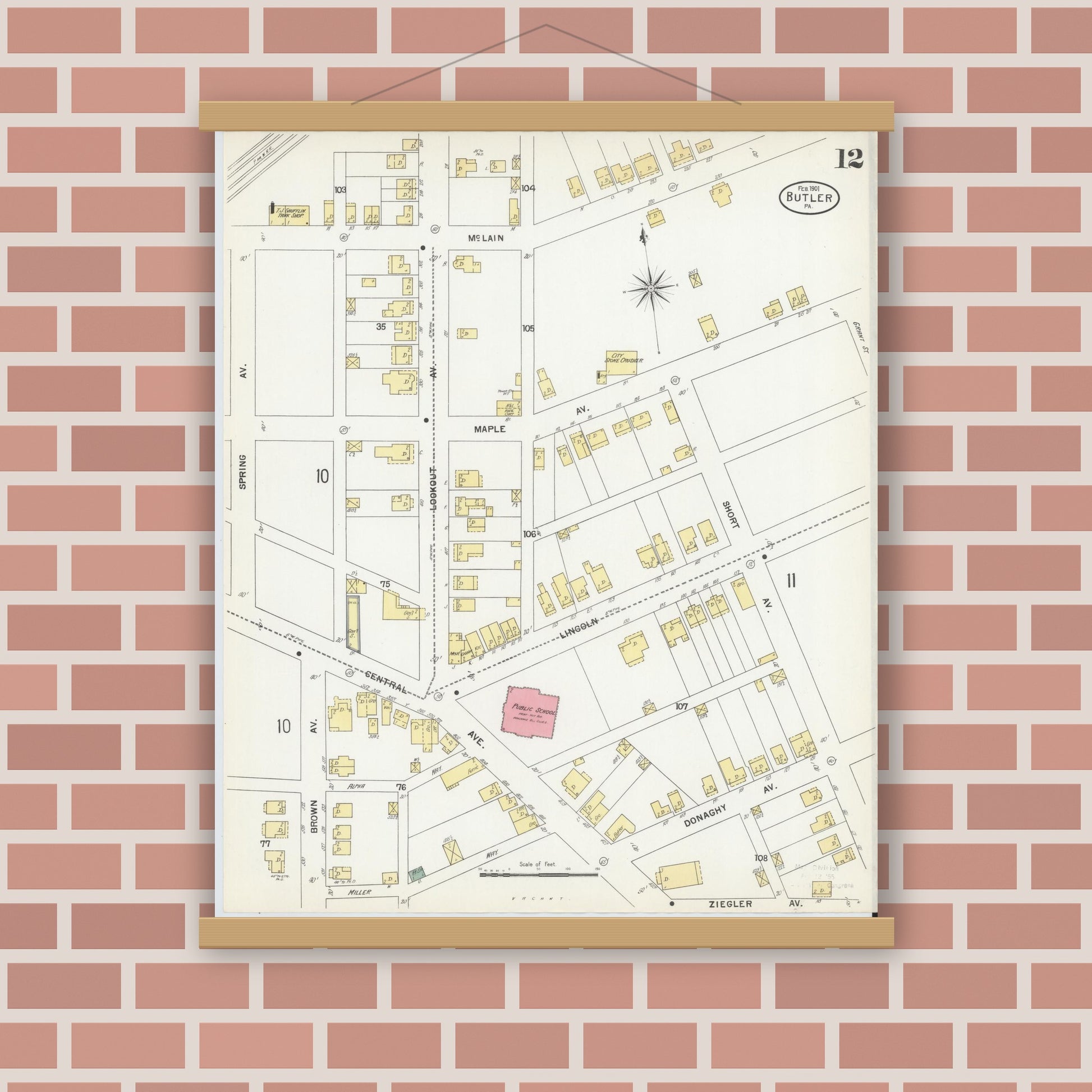 Old map wall art mockup — magnetic wood frame on brick wall — Sanborn Fire Insurance Map from Butler, Butler County, Pennsylvania (1901), Sheet #0012
