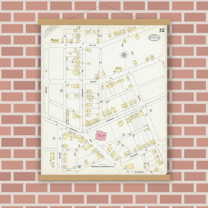 Old map wall art mockup — magnetic wood frame on brick wall — Sanborn Fire Insurance Map from Butler, Butler County, Pennsylvania (1901), Sheet #0012