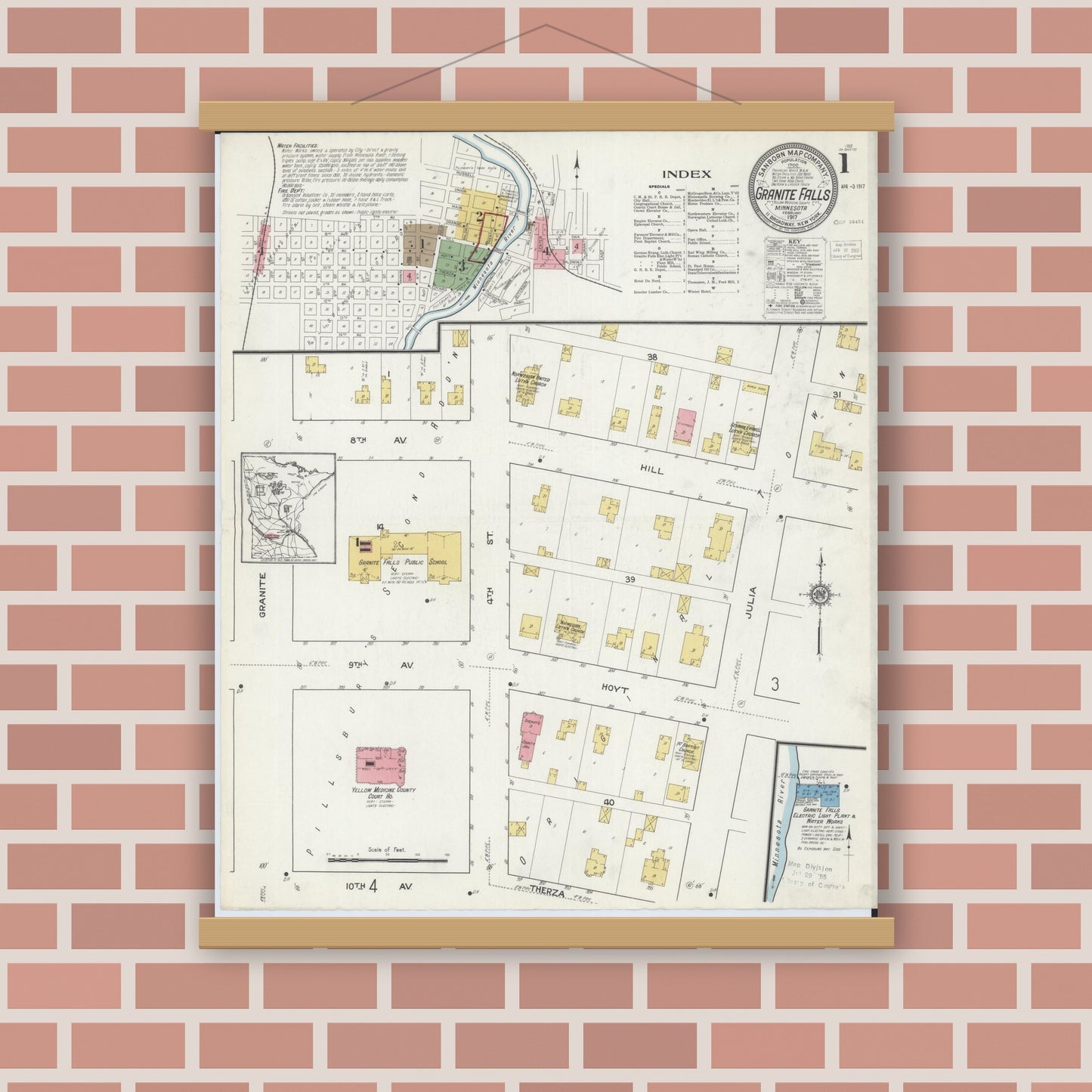 Old map wall art mockup — magnetic wood frame on brick wall — Sanborn Fire Insurance Map from Granite Falls, Yellow Medicine And Chippewa Counties, Minnesota (1917), Sheet #0001
