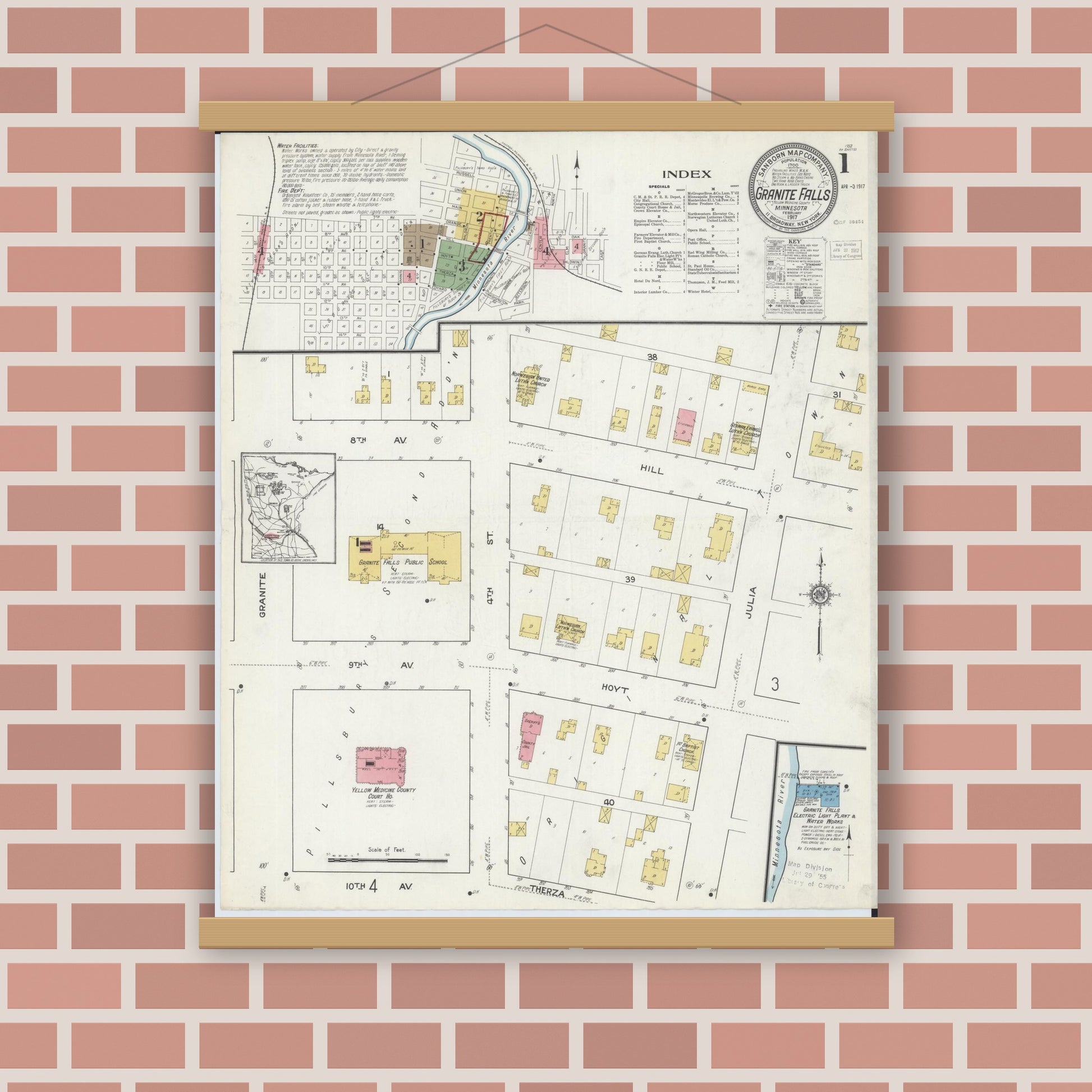 Old map wall art mockup — magnetic wood frame on brick wall — Sanborn Fire Insurance Map from Granite Falls, Yellow Medicine And Chippewa Counties, Minnesota (1917), Sheet #0001