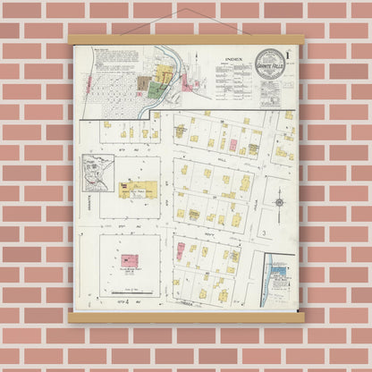 Old map wall art mockup — magnetic wood frame on brick wall — Sanborn Fire Insurance Map from Granite Falls, Yellow Medicine And Chippewa Counties, Minnesota (1917), Sheet #0001