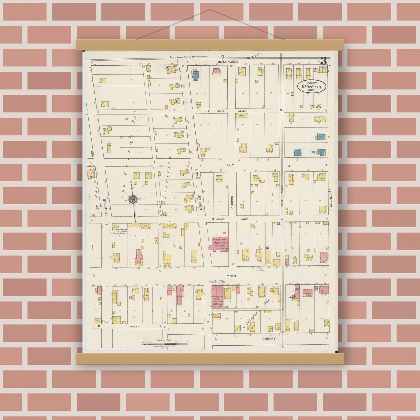 Old map wall art mockup — magnetic wood frame on brick wall — Sanborn Fire Insurance Map from Groveport, Franklin County, Ohio (1922), Sheet #0003