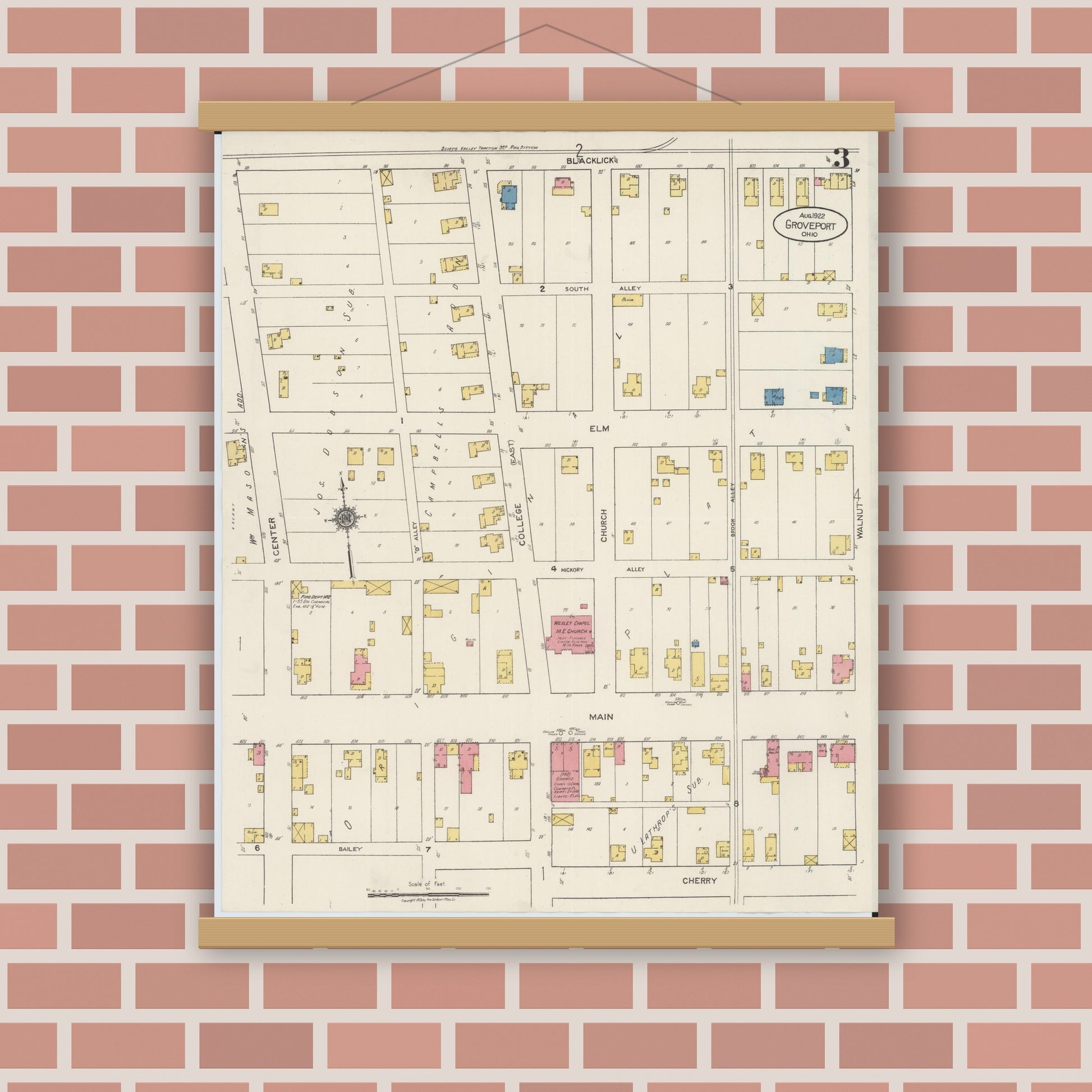 Old map wall art mockup — magnetic wood frame on brick wall — Sanborn Fire Insurance Map from Groveport, Franklin County, Ohio (1922), Sheet #0003