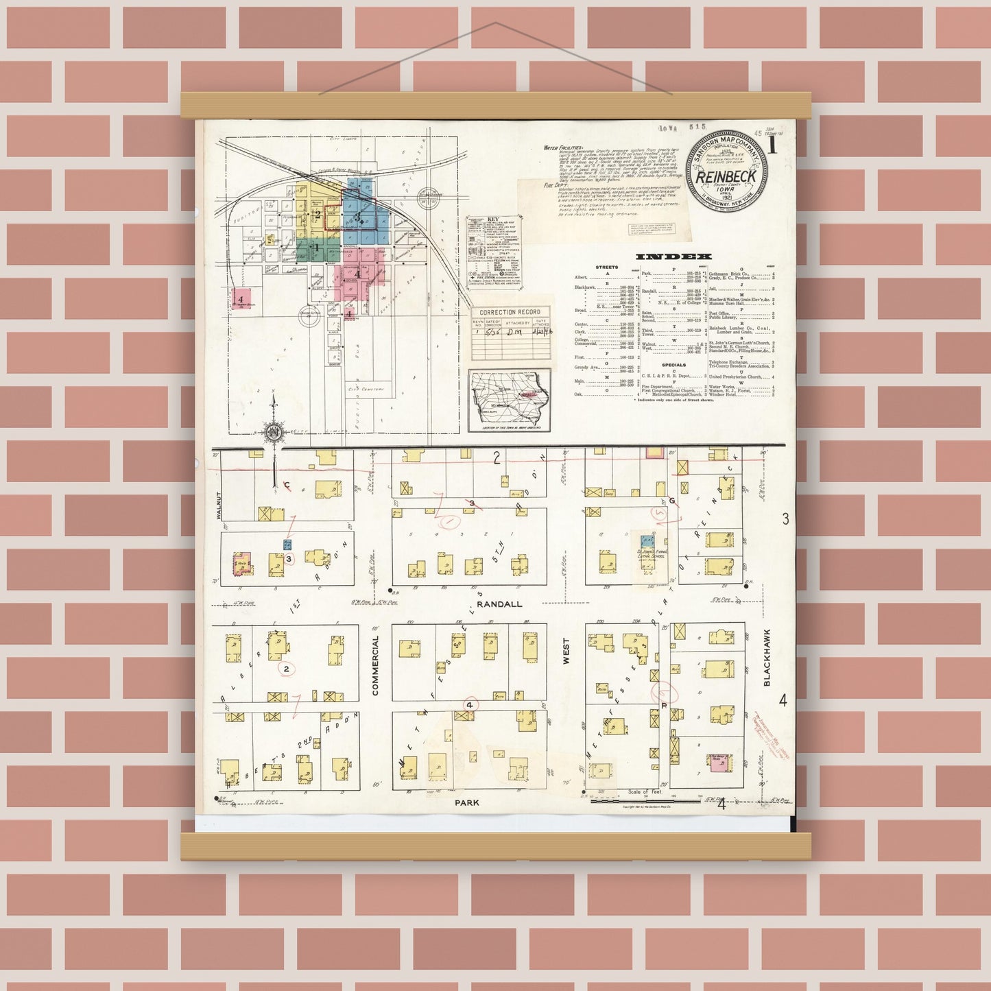 Old map wall art mockup — magnetic wood frame on brick wall — Sanborn Fire Insurance Map from Reinbeck, Grundy County, Iowa (1935), Sheet #0001