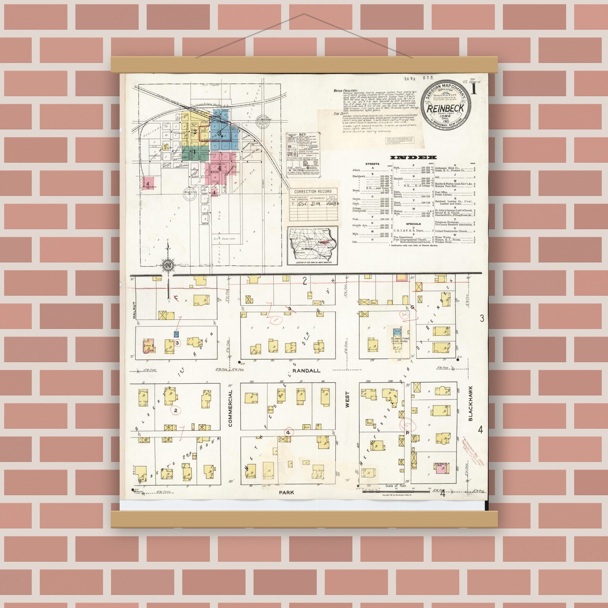 Old map wall art mockup — magnetic wood frame on brick wall — Sanborn Fire Insurance Map from Reinbeck, Grundy County, Iowa (1935), Sheet #0001
