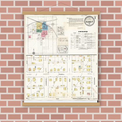 Old map wall art mockup — magnetic wood frame on brick wall — Sanborn Fire Insurance Map from Reinbeck, Grundy County, Iowa (1935), Sheet #0001