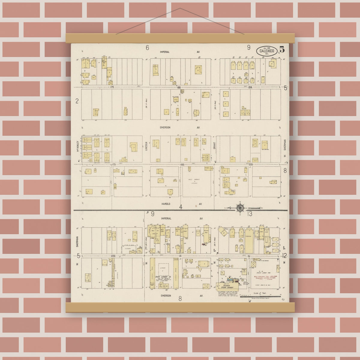 Old map wall art mockup — magnetic wood frame on brick wall — Sanborn Fire Insurance Map from Calexico, Imperial County, California (1920), Sheet #0005