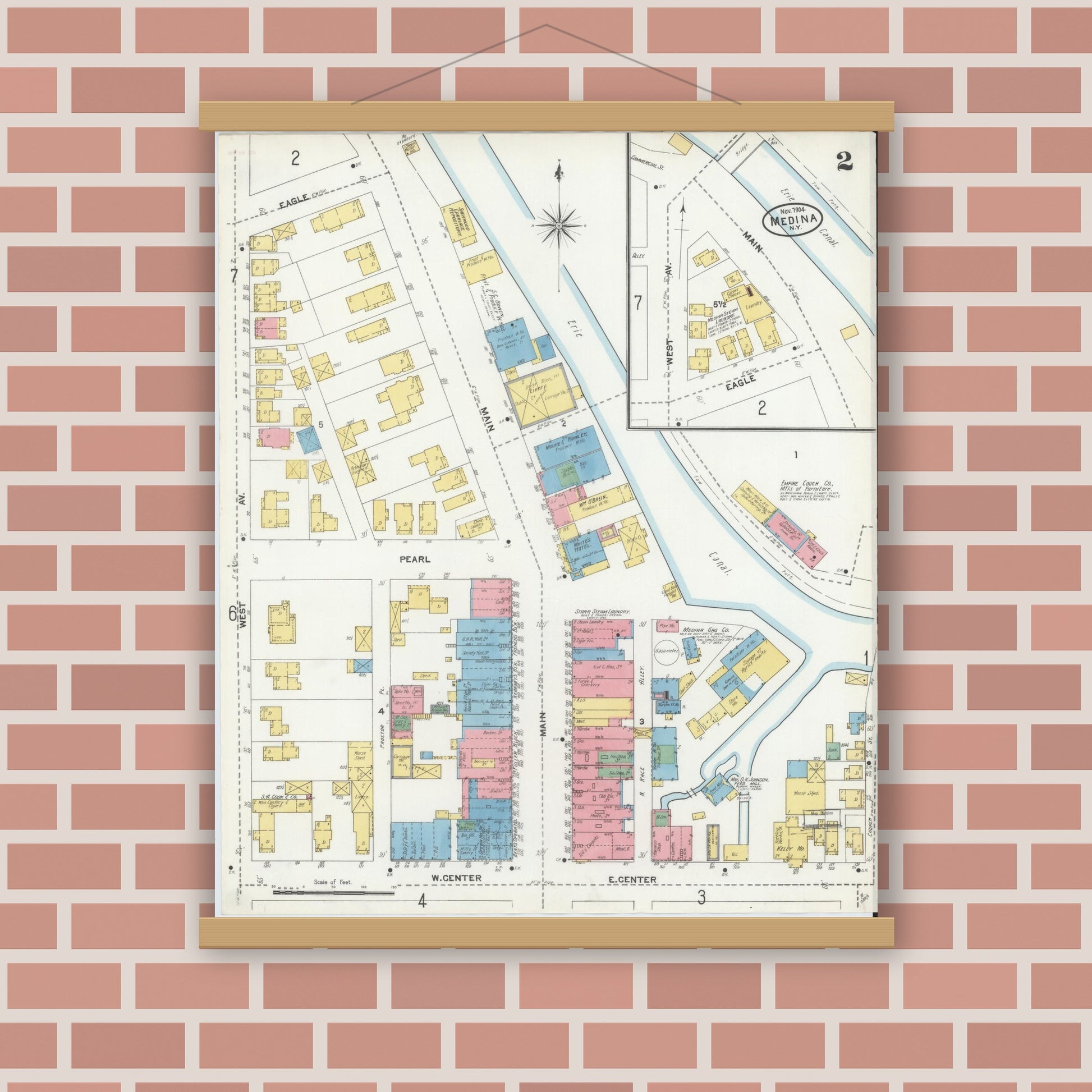 Old map wall art mockup — magnetic wood frame on brick wall — Sanborn Fire Insurance Map from Medina, Orleans County, New York (1904), Sheet #0002