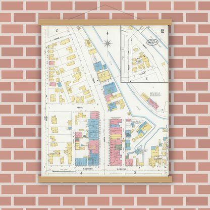 Old map wall art mockup — magnetic wood frame on brick wall — Sanborn Fire Insurance Map from Medina, Orleans County, New York (1904), Sheet #0002