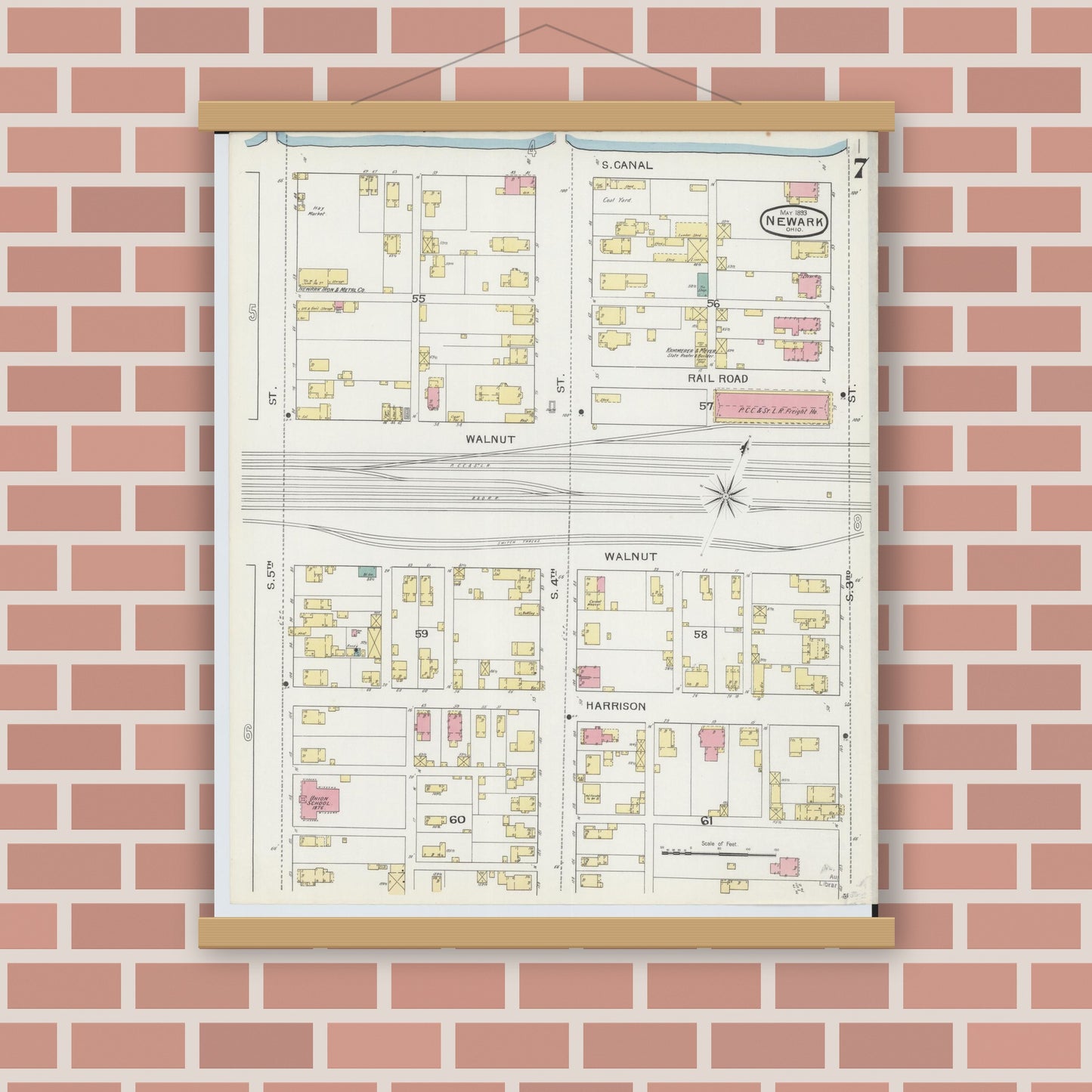 Old map wall art mockup — magnetic wood frame on brick wall — Sanborn Fire Insurance Map from Newark, Licking County, Ohio (1893), Sheet #0007