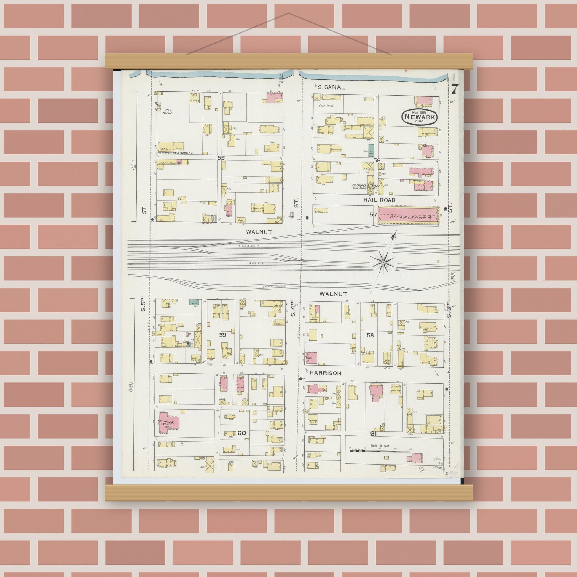Old map wall art mockup — magnetic wood frame on brick wall — Sanborn Fire Insurance Map from Newark, Licking County, Ohio (1893), Sheet #0007