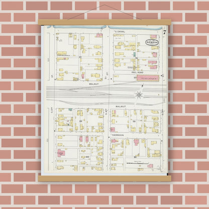 Old map wall art mockup — magnetic wood frame on brick wall — Sanborn Fire Insurance Map from Newark, Licking County, Ohio (1893), Sheet #0007