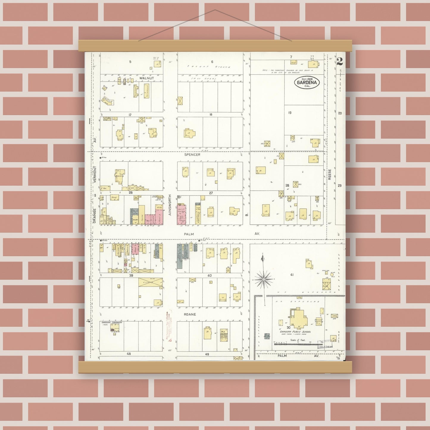 Old map wall art mockup — magnetic wood frame on brick wall — Sanborn Fire Insurance Map from Gardena, Los Angeles County, California (1908), Sheet #0002