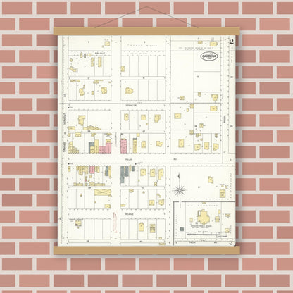 Old map wall art mockup — magnetic wood frame on brick wall — Sanborn Fire Insurance Map from Gardena, Los Angeles County, California (1908), Sheet #0002